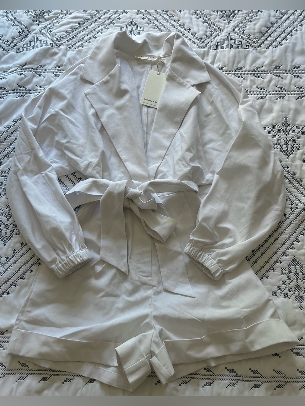 COMMENSE White Cotton Linen Blazer Romper Jumpsuit Belted Long Sleeve NWT